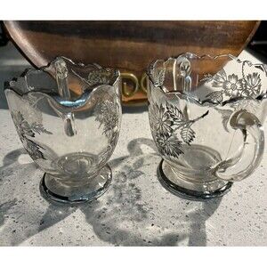 Vtg Clear Glass W Silver Overlay Floral Design Cream And Sugar Set. Grannycore